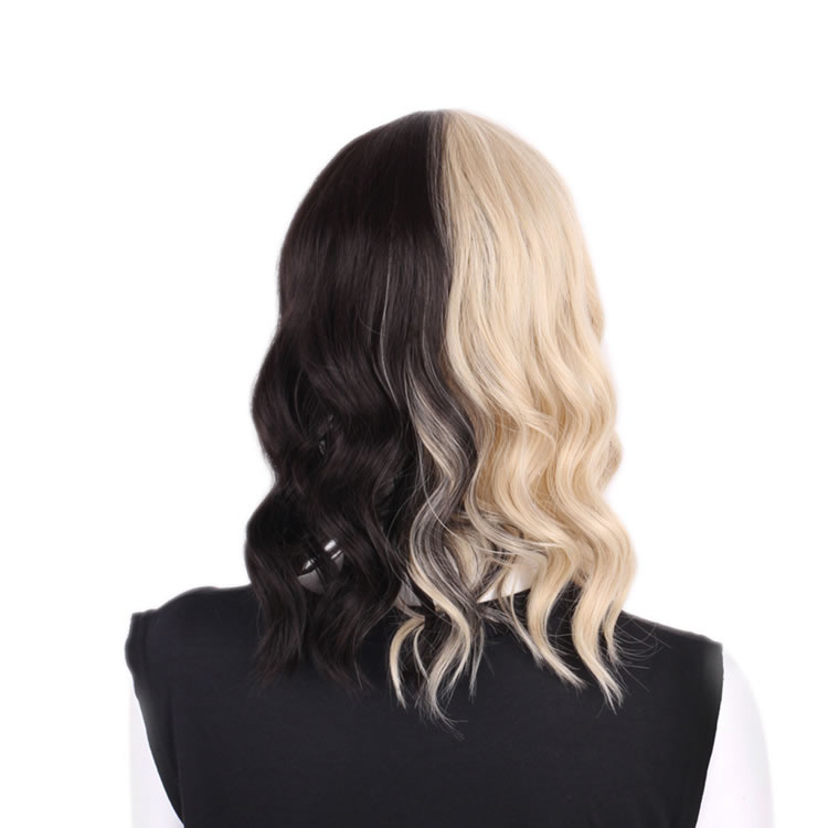 Half Blonde And Half Black Medium Short Wig For Cosplay Synthetic Wig Melanie Martinez Hair Style Japanese Kanekalon High Temperature Fiber