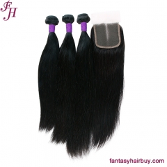 FH straight brazilian hair weave 3 hair bundles with 4x4 lace closure