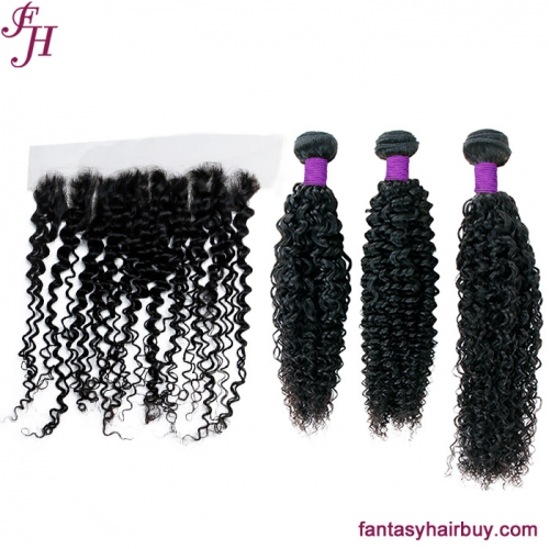 FH brazilian remy human hair deep curly 3 bundles with 13x4 lace frontal
