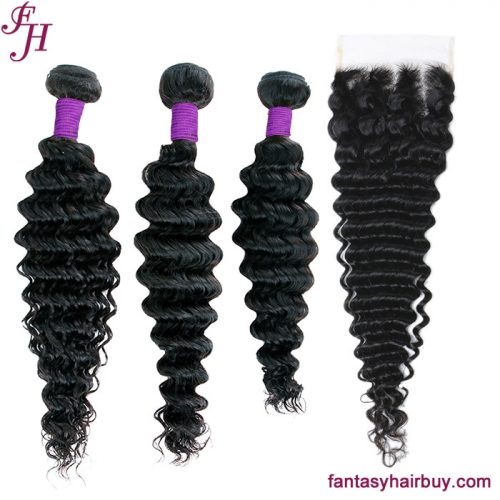 FH Virgin unprocessed brazilian hair weave deep wave 3 hair bundles with 5x5 lace closure