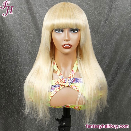 FH Machine Wig Blonde 613 Straight Human Hair Wig With Bangs