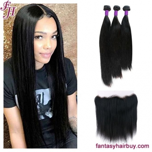 FH factory price natural black straight 13x4 lace frontal closure with 3 hair bundles