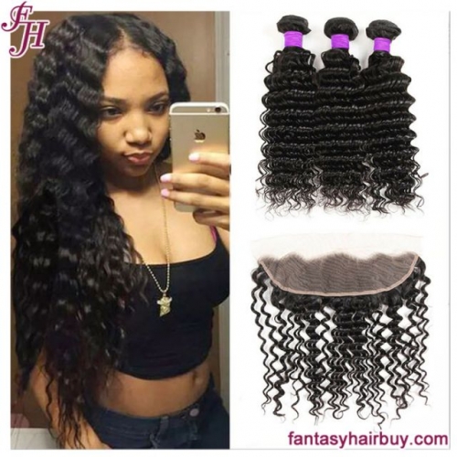 FH natural black deep wave hair weave human hair 3 hair bundles with 13x4 lace frontal