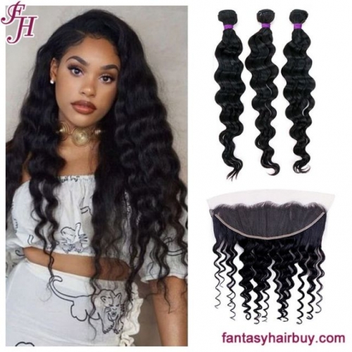 FH popular brazilian virgin loose deep wave hair bundle with 13x4 frontal
