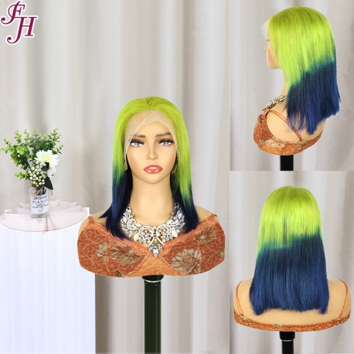 FH 13x4 colorful front lace wig color green T dark blue straight style Bob Wig ready to ship