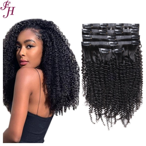FH direct wholesale fast deliver 100% real natural human hair kinky curl seamless PU clip ins hair extension