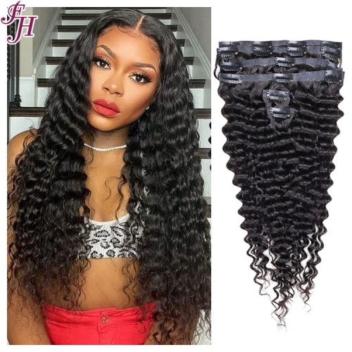 FH wholesale full thick 100% real natural human hair deep wave seamless clip ins hair extension
