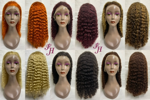 FH wholesale new fangle full thick 100% real human hair transparent lace wig curl lace front wig