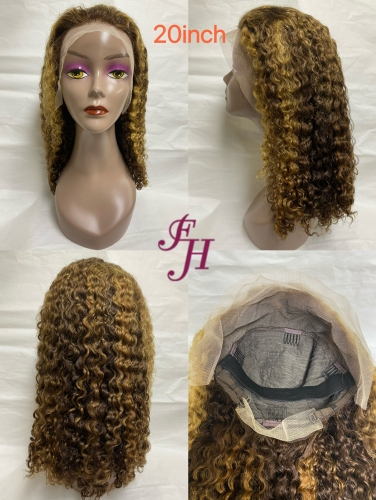 FH wholesale new fangle full thick 100% real human hair transparent lace wig color #4/27 curl lace front wig