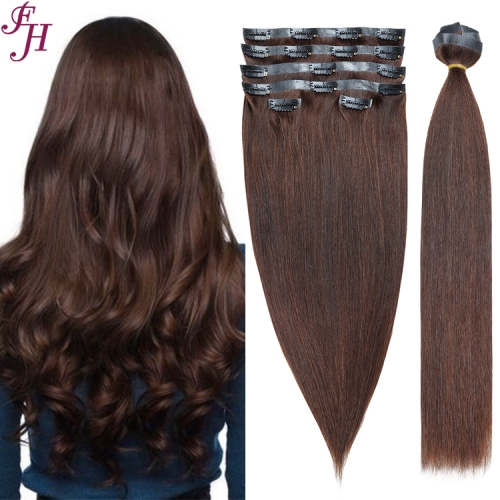 FH wholesale high quality double drawn 100% human hair color #3 PU seamless clip ins hair extensions