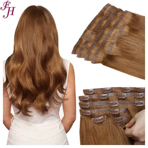 FH wholesale high quality double drawn 100% human hair color #8 PU seamless clip ins hair extensions