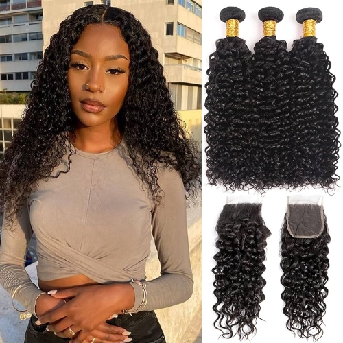 FH Virgin unprocessed brazilian hair weave deep curly 3 hair bundles with 5x5 lace closure