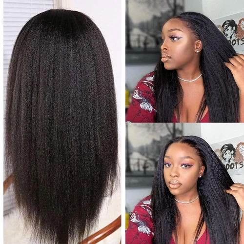 FH Kinky Straight 13x6 HD Lace Front Wig Natural Human Hair Wigs with Pre-Plucked natural Hairline