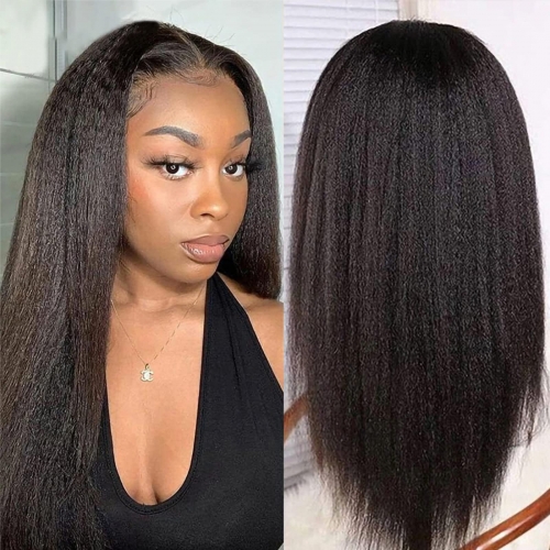 FH Kinky Straight 13x6 Lace Front Wig Natural Human Hair Wigs with Pre-Plucked natural looking Hairline