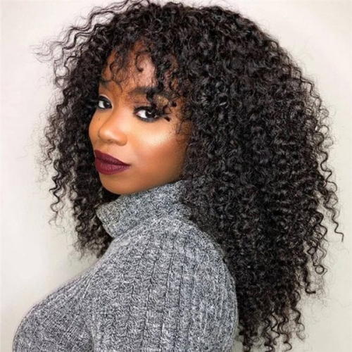 FH HAIR affordable NO Lace tight Kinky Curly Human Hair Wig With Bangs