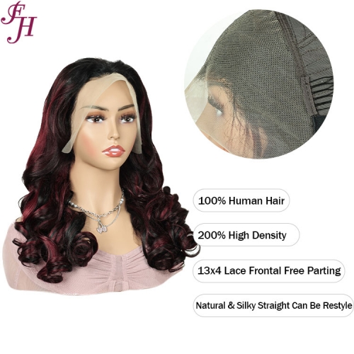 FH 13x4  frontal lace wig color 99j highlight bouncy curl human hair wigs 20"