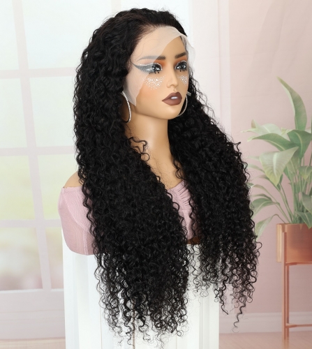 FH full volume hair 13x4 transparent lace frontal jerry curly human hair wig with detachable elastic band