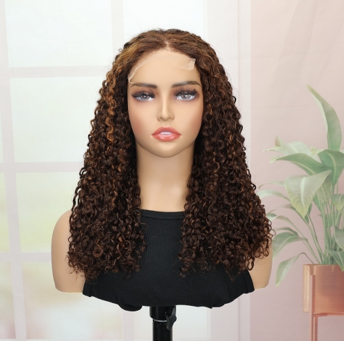 FH glueless 5x5 pissy curly  wig transparent lace frontal human hair wig with anti-slip strip