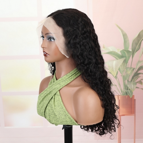 FH water wave 13x4 transparent lace frontal human hair wig with detachable elastic band