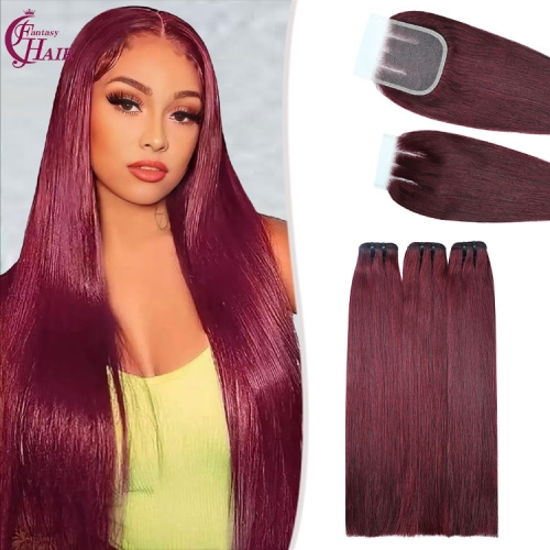 FH double drawn straight hair weave 3 brazilian hair bundles with 4x4 lace closure