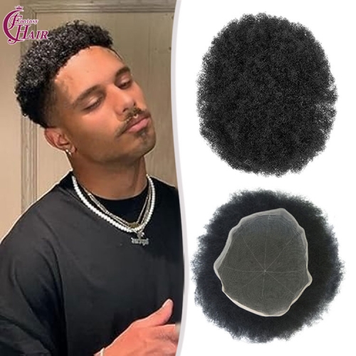 FH 10x8cm Man Toupee Natural Black Afro Curly Full Lace Human Hair Topper for Men