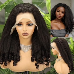 FH 20inch kinky straight human hair wigs with french curly end  13x4 ear to ear lace frontal wigs