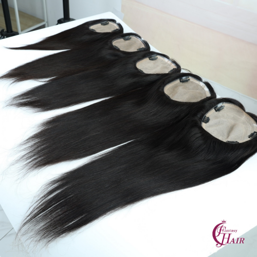 FH Premium Human Hair Topper Free Part Hand Tied Silk Base Clip In Top For Women