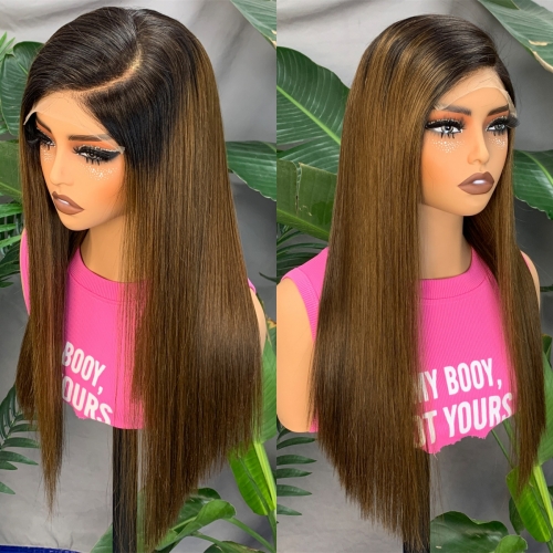FH 10-20inch C Part Human Hair Straight Bob Wig 5x5 Lace Front Double Drawn Hair Wigs