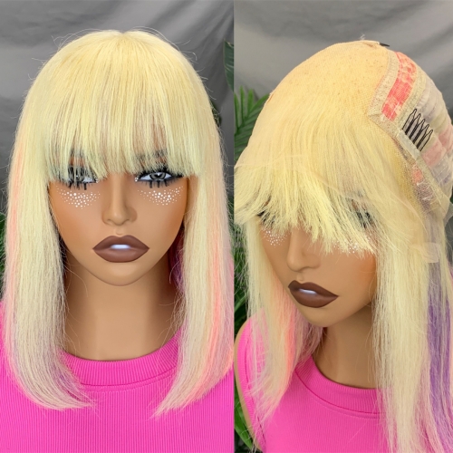 FH pink/purple/613 series 6 colors brazilian hair 13×3x4 transparent lace straight bob wig human hair with bang