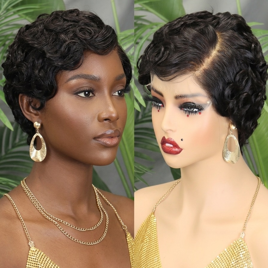 FH 5x5 HD Chioma Pixie Curls Lace Front Human Hair Short Wigs