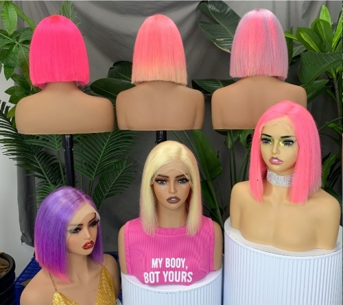 FH brazilian hair 13×3x4 lace frontal straight bob wig human hair pink/purple/613 series 6 colors