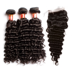 【12A 3PCS+ 4*4 Closure】Peruvian Deep Wave Virgin Human Hair 3pcs with 4*4 Lace Closure Unprocessed Hair Bundles