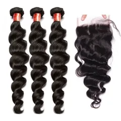 【12A 3PCS+ 4*4 Closure】Brazilian Loose Wave Virgin Human Unprocessed Hair 3pcs with 4*4 Lace Closure Hair Bundles