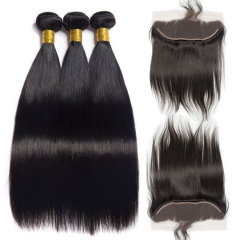 【13A 3PCS+Frontal】 Peruvian Straight Human Hair 3pcs and 1pc Lace Frontal Closure Deal Peruvian Hair Extensions Free Shipping
