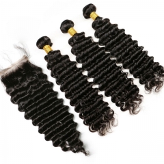 【13A 3PCS+Closure】 Deep Wave Virgin Malaysian Human Hair 3pcs and 1pc Hair Lace Closure Free Shipping Bundles with Closure