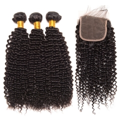 【13A 3PCS+Closure】 Deep Curly Virgin Brazilian Human Hair 3PCS Bundles with 1PCS Lace Closure Free Shipping Natural Color
