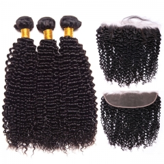 【13A 3PCS+Frontal】  Deep Curly Brazilian Human Hair 3PCS Bundles with 1PC Lace Frontal Closure Deal Hair Extensions Free Shipping