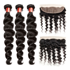 【12a 3pcs+ 13*4 Lace Frontal】 Peruvian Hair Bundles 3pcs And 13*4 Lace Frontal Loose Wave Bundles With Closure Free Shipping