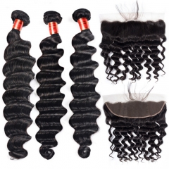 【12A 3PCS+ 13*4 Frontal】 Brazilian Loose Deep Wave Human Hair 3pcs and 1pc 13*4 Lace Frontal Closure Brazilian Loose Curly Human Virgin Hair Free Ship