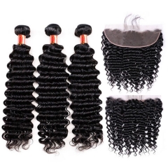 【12A 3PCS+ 13*4 Frontal】 Peruvian Deep Wave Human Hair 3pcs and 1pc 13*4 Lace Frontal Closure Peruvian Curly Human Virgin Hair Free Shipping