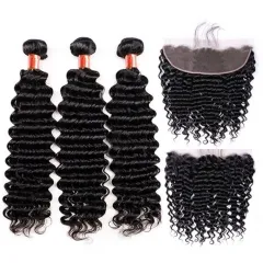 【12A 3PCS+ 13*4 Frontal】 Brazilian Human Hair Deep Wave Curly 3 bundles hair weave and 1pc 13*4 Lace Frontal Closure Free Shipping