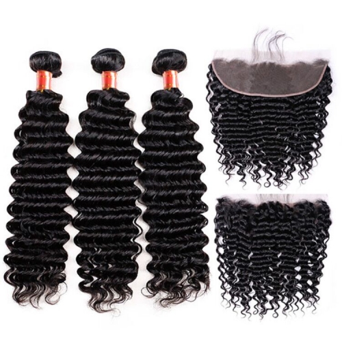 Brazilian Hair Curly Deep Wave 3 bundles hair weave and 13*4  display picture 1