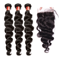 【12A 3PCS+ 4*4 Closure】Fast Shipping Malaysian Loose Wave Virgin Human Unprocessed Hair Bundles 3pcs with 4*4 Lace Closure Free Shipping