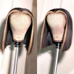 【New Arrival】13A 250% Density Mix Color Straight Bob Closure Wig Highlight 4*4 Blonde Black Human Hair Lace Wigs Customize 20 Days