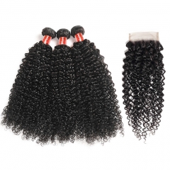 Brazilian Kinky Curly Hair 3 Bundles With 4*4 Lace Closure Human Hair Bundles With Closure Free Shipping