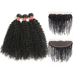 【12a 3pcs+13*4 Frontal】 Brazilian Kinky Curly Bundles With Closure 3bundles And 13*4 Lace Front Closure Free Shipping