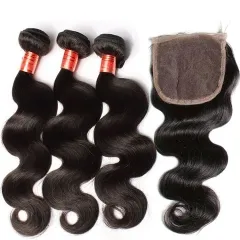 【12A 3PCS+ 4*4 HD Closure】Body Wave Brazilian Virgin Hair 3pcs with 4*4 Lace Closure Unprocessed Human Hair Free Shipping