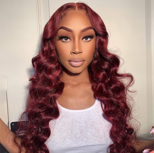 Dark Burgundy Color Body Wave Lace Front Wig With Bleached Knots [ULWIGS63]  - ULwigs