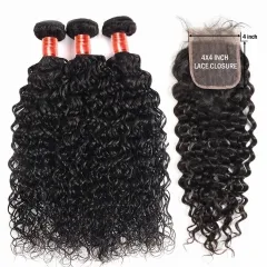 【12a 3pcs+ 4*4 HD Lace】Ulahair Peruvian Hair Sew Ins With Closures|3 Bundles And 4x4 Lace Closure With Water Wave Free Shipping