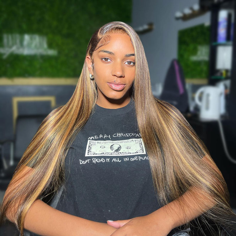 sleek straight honey blonde highlight wig